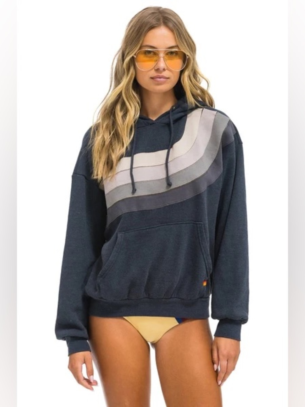 Aviator Nation Wave Stripe 4 Pullover Hoodie Black Gray Size Small